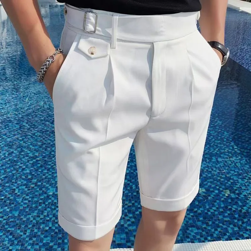 Summer Fashion Men British Style Naples Suit Shorts Smart Casual Paris Waist Buckle Button Knee Length Pants Shorts Streetwear