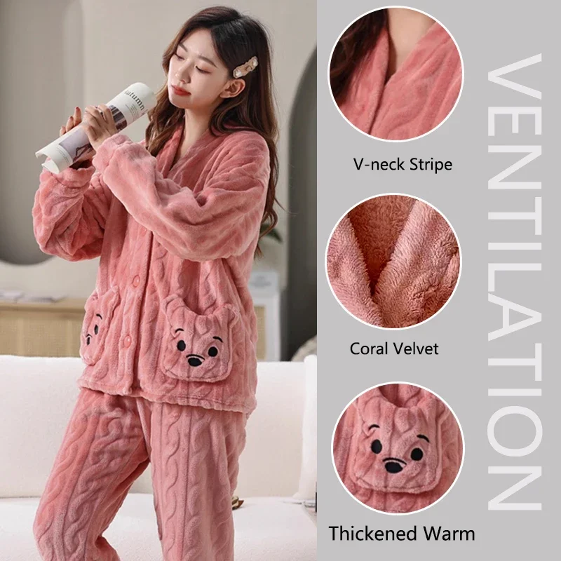 Thickened Warm Coral Velvet Pyjamas Women's Autumn and Winter Cartoon Bear Print Striped Flannel Student Sleepwear Homewear