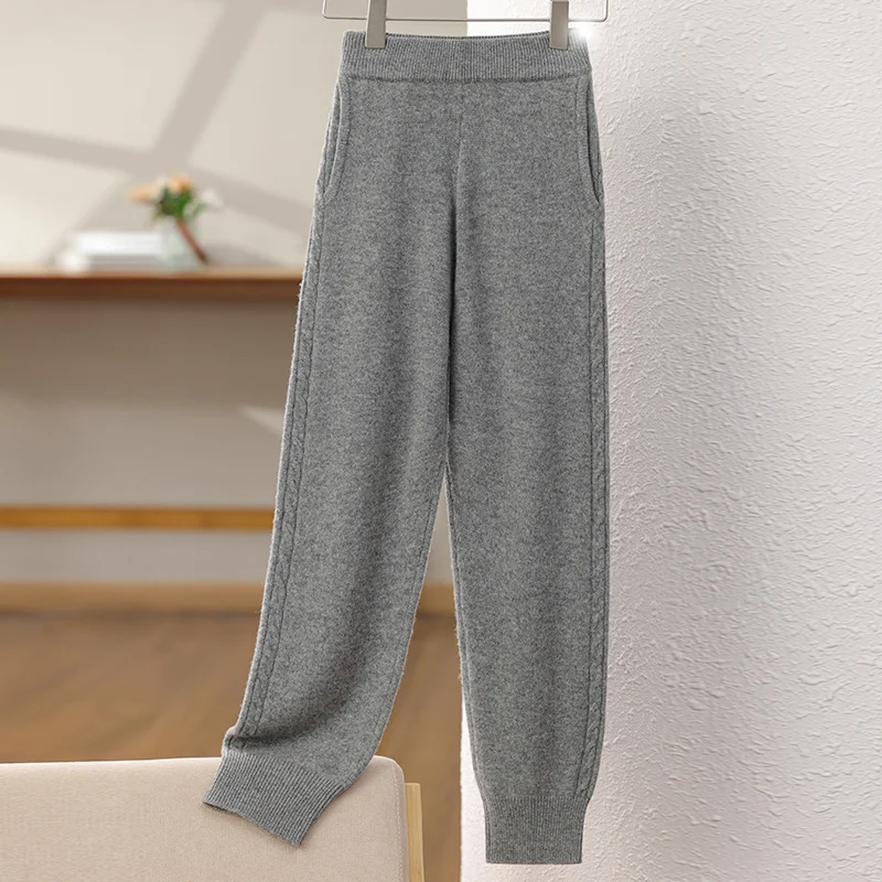 Linen pattern slim-fit elastic 100% Merino wool pants new cashmere warehouse women's warm bottom knit pants for autumn andwinter