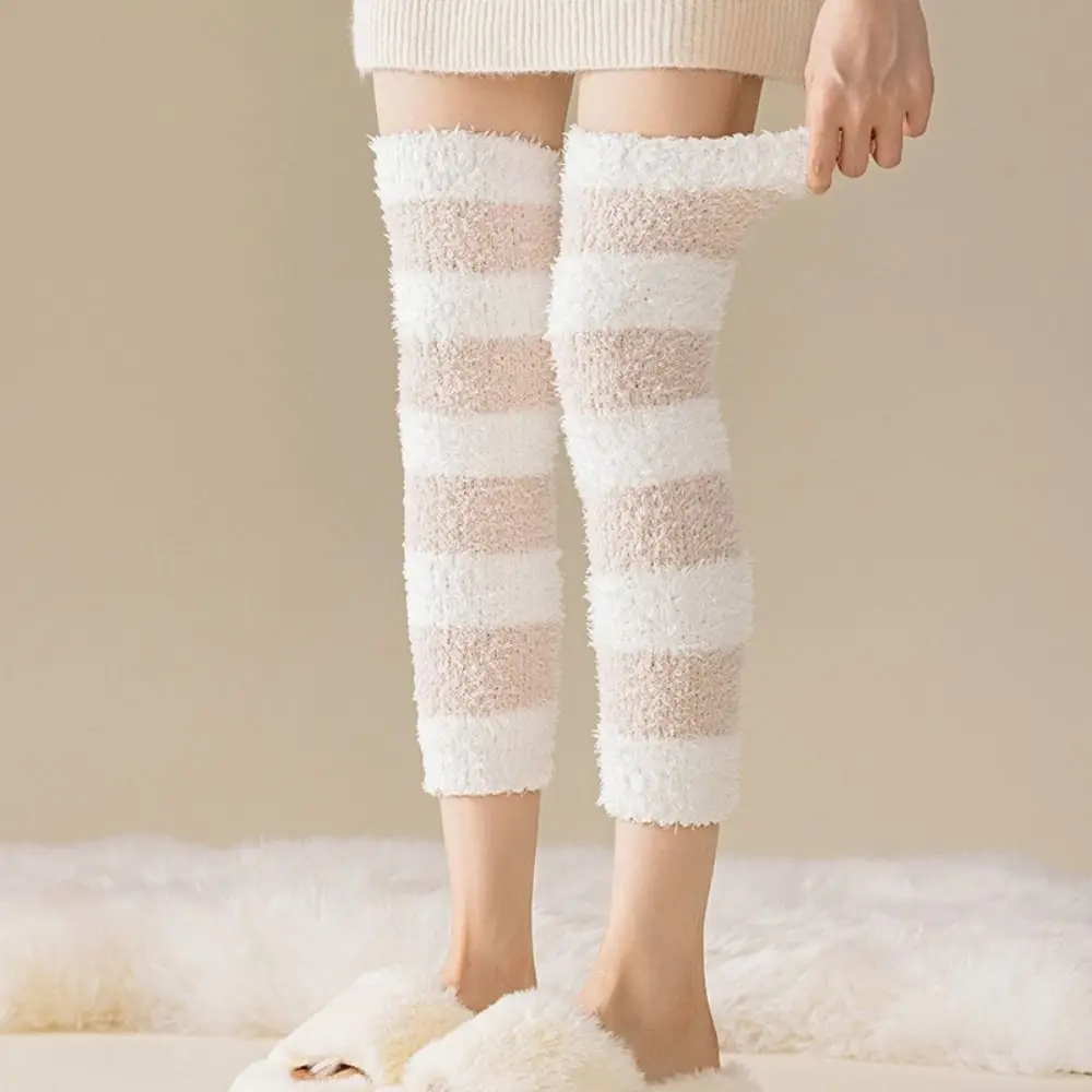 Creative Thicken Warm Long Tube Sock Cover Simple Stripe Coral Fleece Stockings Leg Warmer Hosiery Foot Warmer Winter
