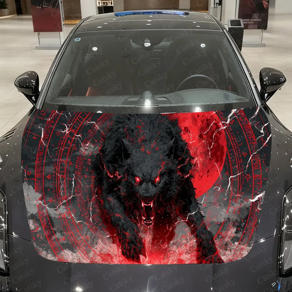 Red Moon Array Demon Wolf Car Vinyl Wrap, PVC Waterproof Car Hood Sticker, Self-Adhesive Scratch-Resistant Stickers