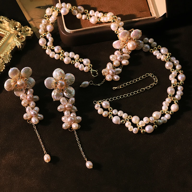 Natural Pearl Flower Necklace and Earrings Set Luxurious Design High-Quality Set for Banquet Wedding Women's Jewelry GS0227 view 4