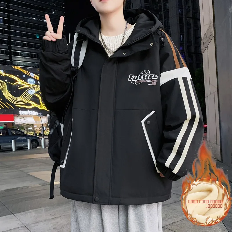 

Men's Fce Lined Hooded Jaet Autumn Winter Warm Casual Long Sve Polyester Fiber Cleanfit Thiened Zipper Closure Coat