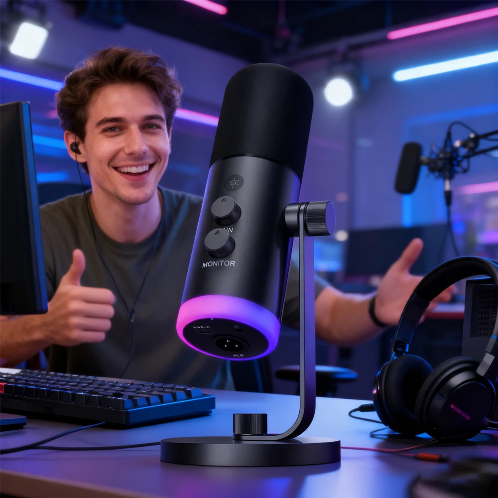 

Игровой микрофон DM9 с подставкой, USB/XLR динамический микрофон для подкастов с шумоподавлением, функцией отключения звука, RGB-подсветкой для геймеров и прямых трансляций.
