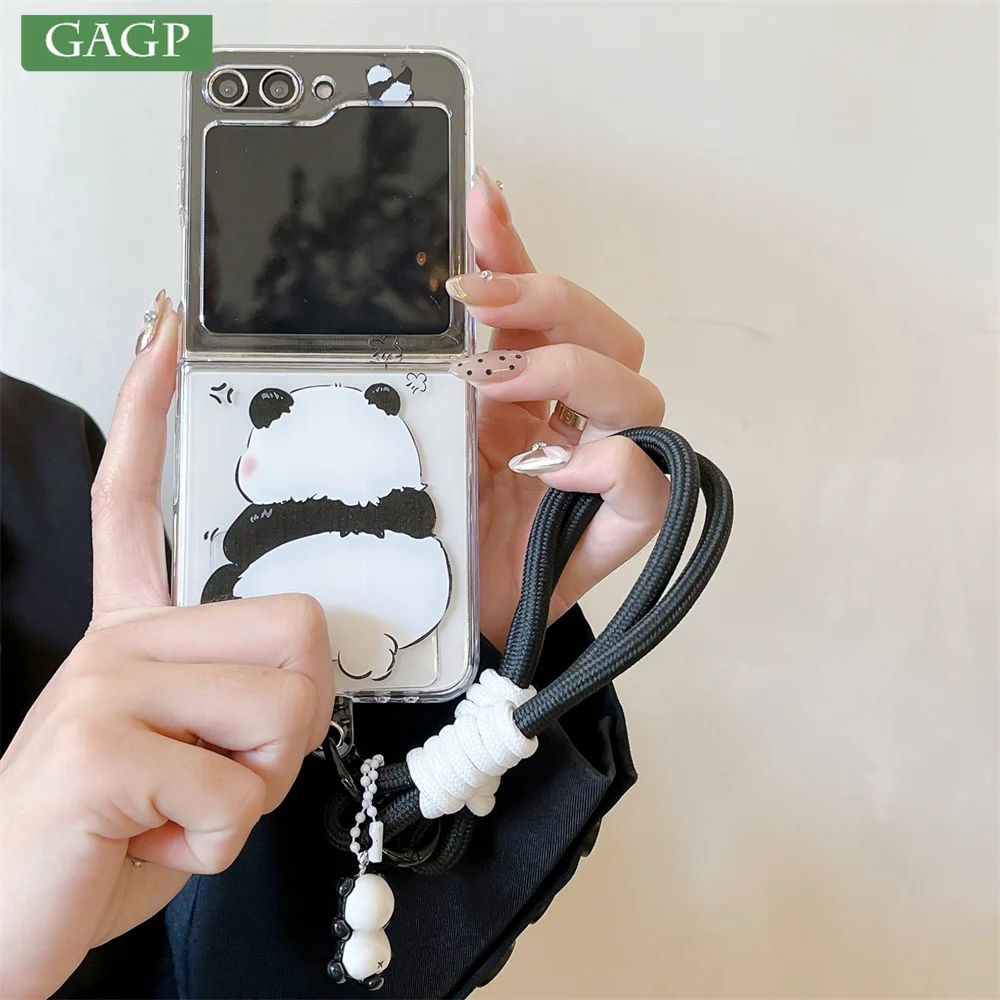 Fashion Panda Wrist Strap Case For Samsung Galaxy Z Flip 6 Flip 5 4 Flip 3 Cartoon Shockproof Cover For Galaxy Z Fold 5 Fold 6 4