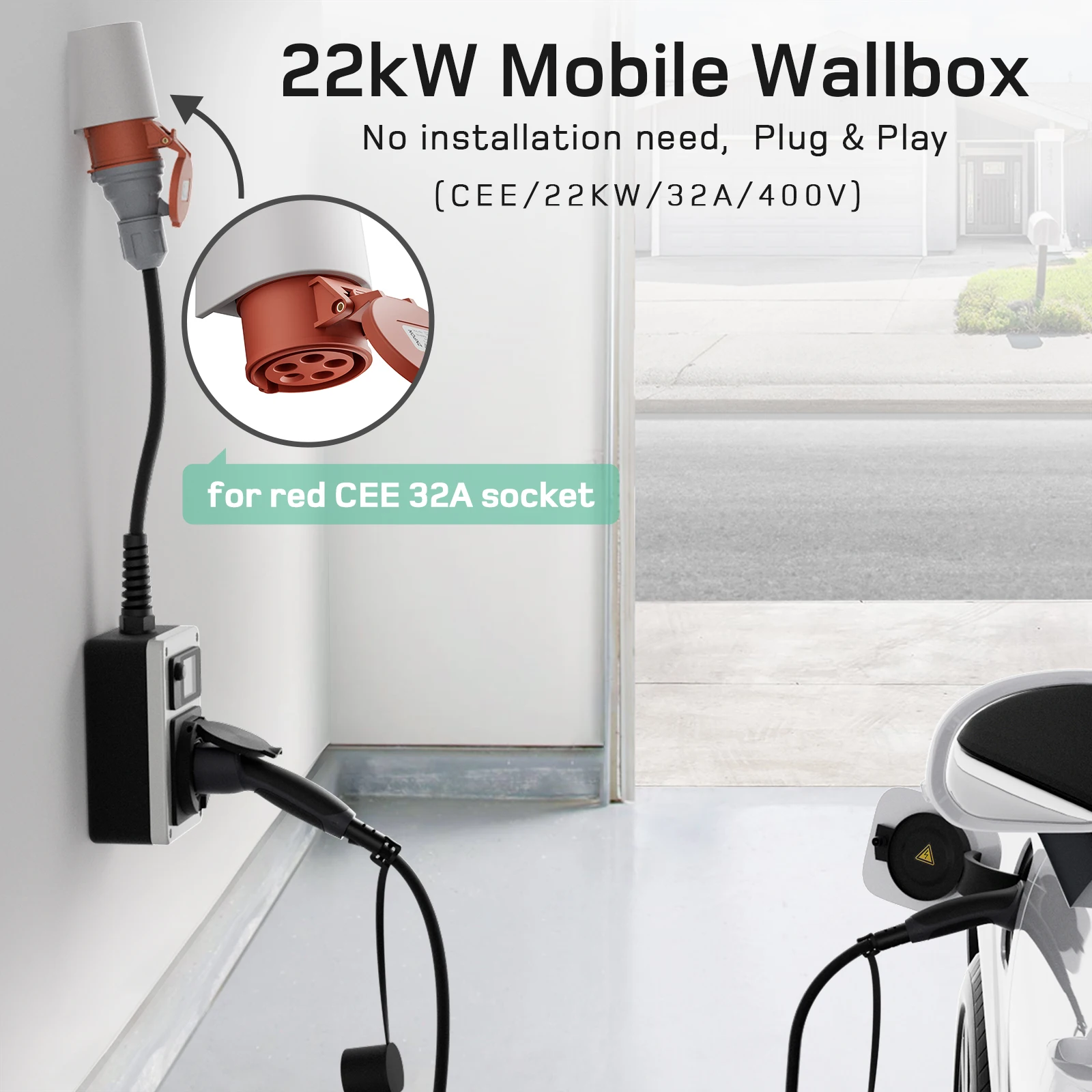 dé 22kW Wallbox Mobile EV Charger CEE Plug Vermelho para Tipo 2 Tomada 32A 3 Fase Parede Carga Estação RFID Controle Para Carro Elétrico