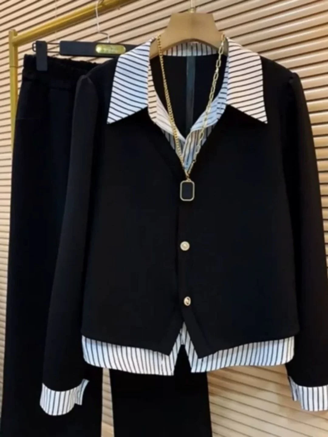 

French Commute Striped Shirt Spring Autumn Fake Two-Piece Single-Breasted Long Sleeve Top Women's Color-Block Loose Blouse