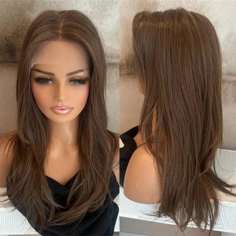 

Dark Brown Layered Lace Front Wig Japanese High Temperature Synthetic Fiber for Women Ready to Wear Straight Wigs Swiss Lace