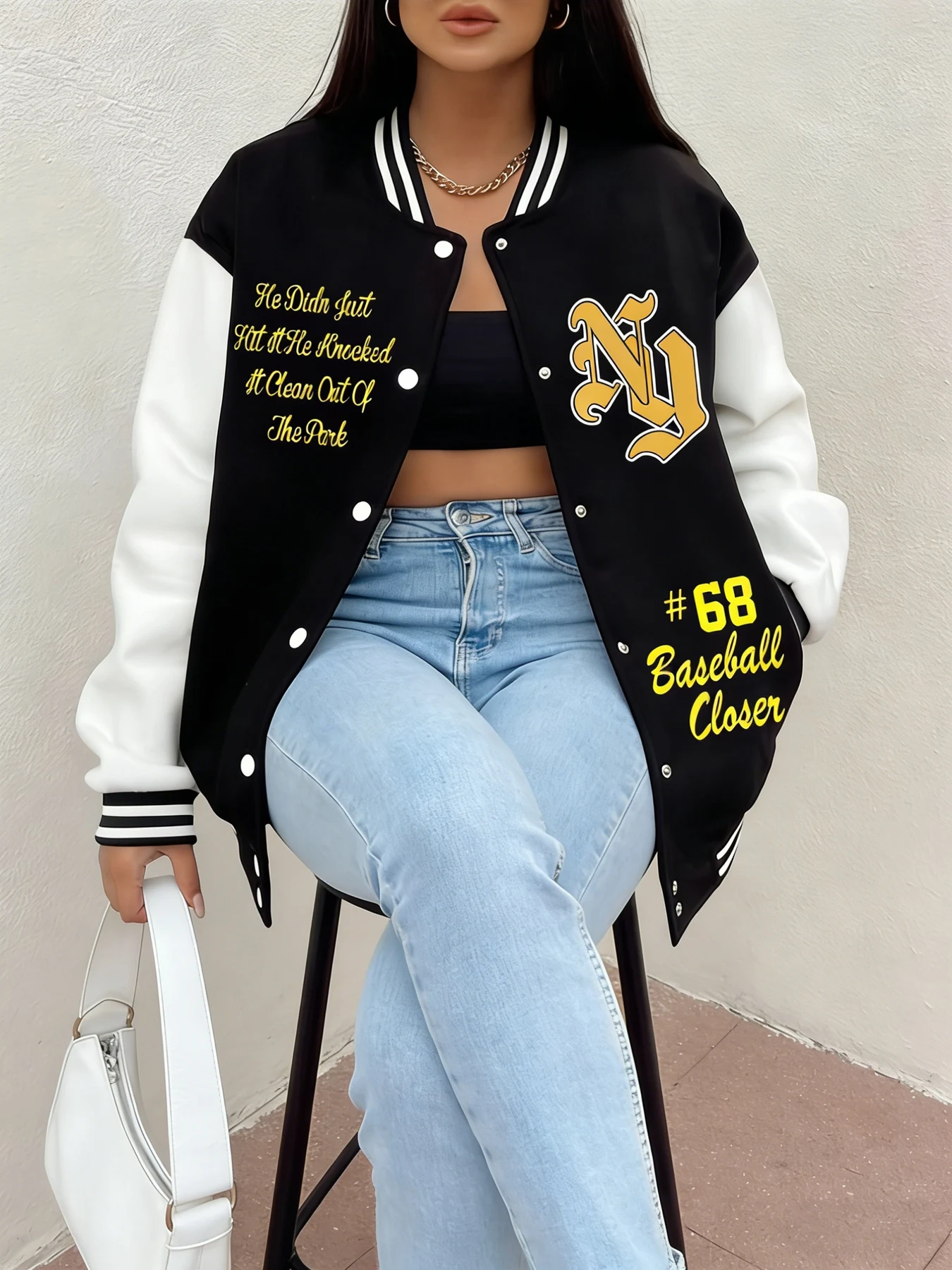 

Yellow Loose Fit Baseball Jacket Women's with Number 68 Closer Print Jackets Varsity Style Casual Street Coat Warm Streetwear