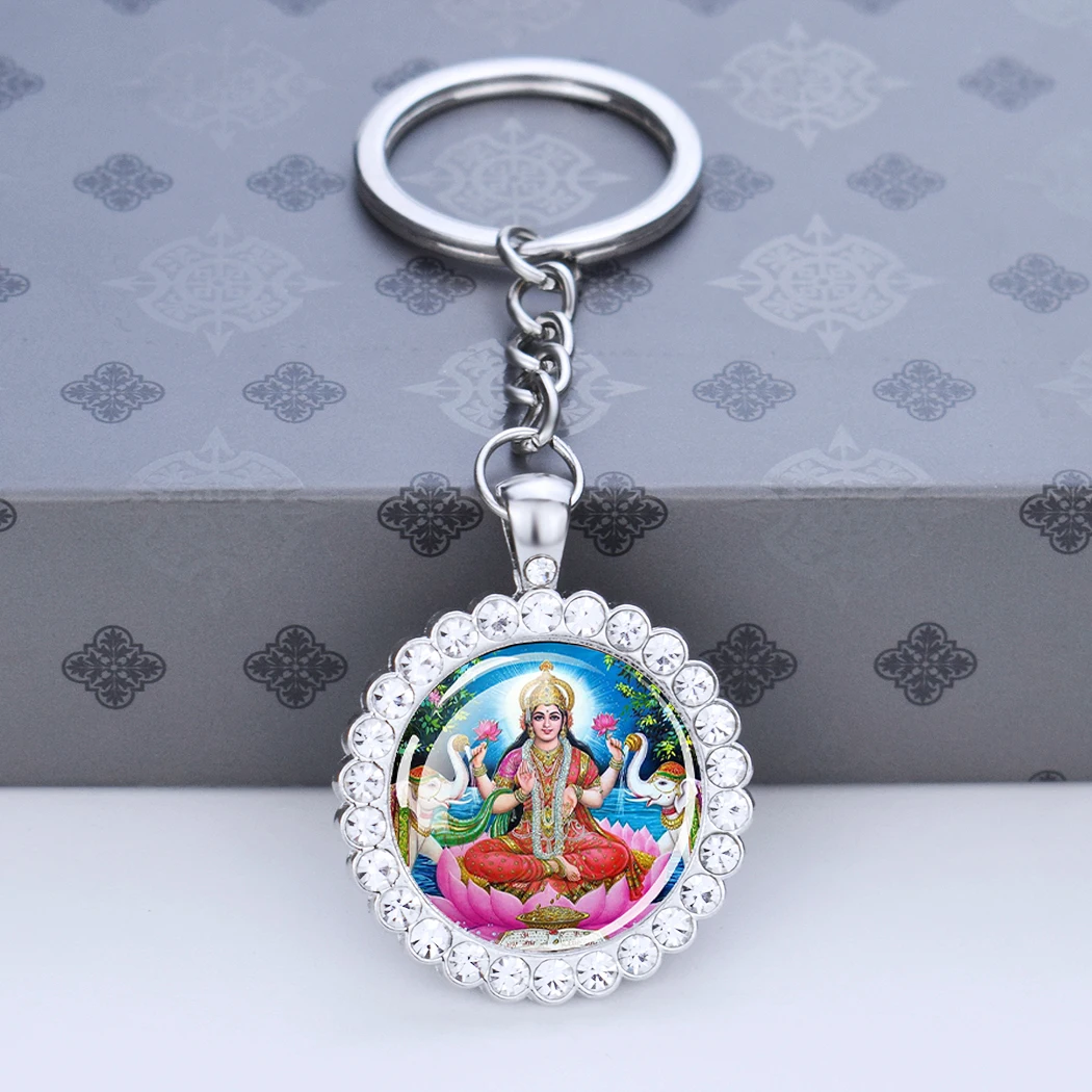 Hindoeïsme God Sleutelhanger Ganesha Durga Vishnu Kashmi Shiva Amulet Strass Hanger Glas Cabochon Sleutelhangers Sleutelhanger Sieraden Gift