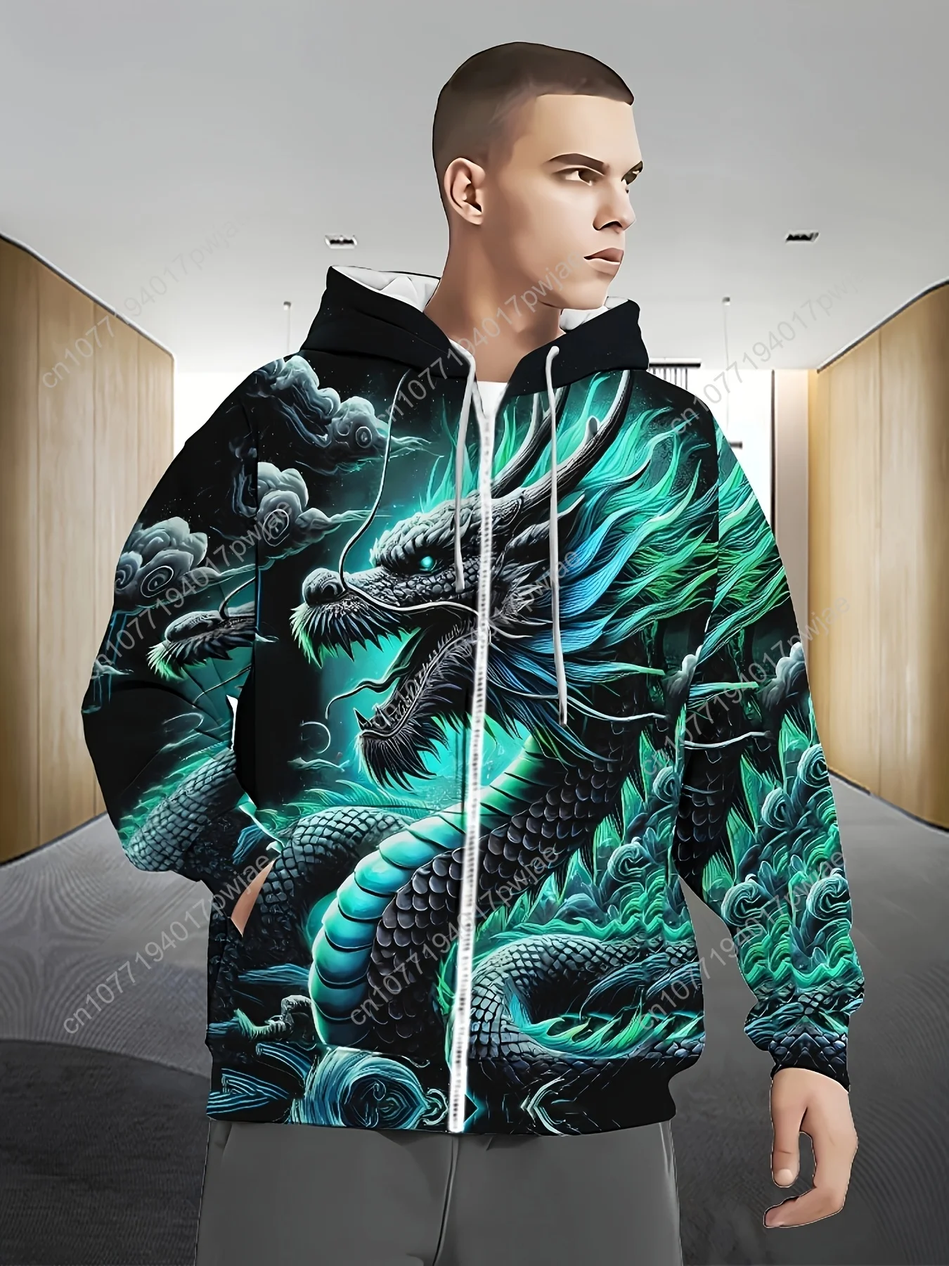 Sweat à capuche zippé à manches longues pour hommes avec motif de Dragon bleu, veste d'extérieur décontractée d'automne et d'hiver avec cordon de serrage et poches,