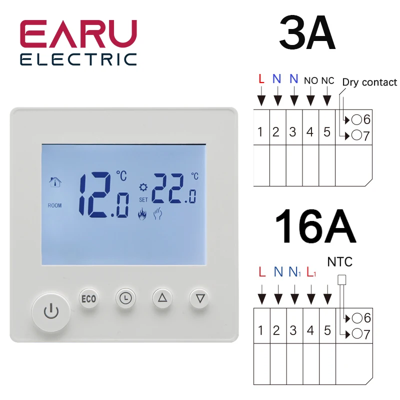 AC90V-240V 3A 16A Water Electric Floor Heating TRV House Room Thermostat Temperature Controller Digital LCD Display Wall Mounted