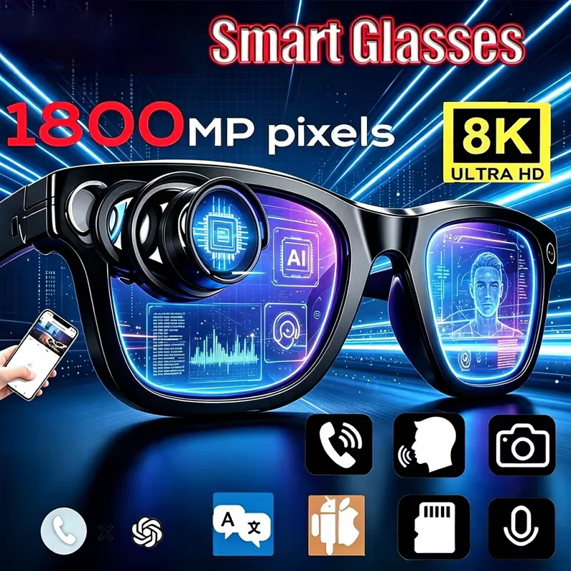 8K 1800MP AI Smart Glasses Hands-Free Calling AI Translation AI Chat Logging Music Playback Men Women Smart Sunglasses