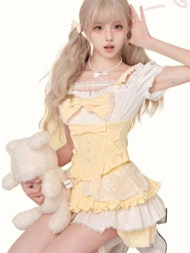 Japanese Kawaii Lolita 2 Piece Skirt Set Women Vintage Suits Bow Ruffles Blouse + Sexy Lace Skirts Even Party Elegant Clothing