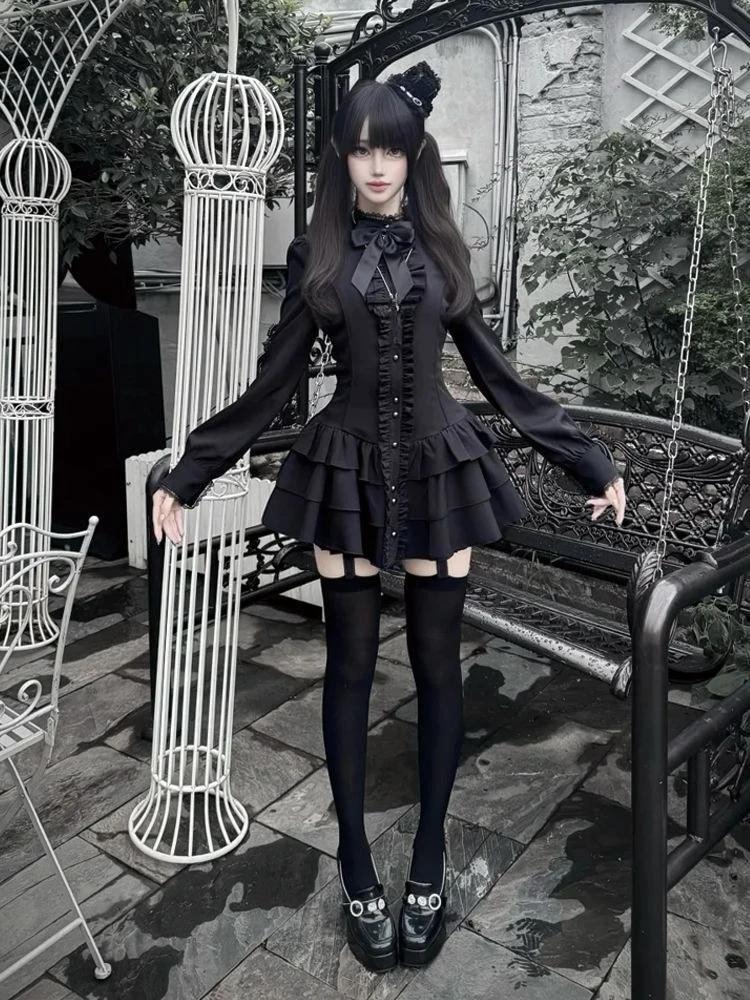 Japanische Vintage Rüschen Minikleider Grunge Y2k Ästhetische A-Linie Vestidos Gothic Harajuku Frauen Einreiher Grunge Kleid