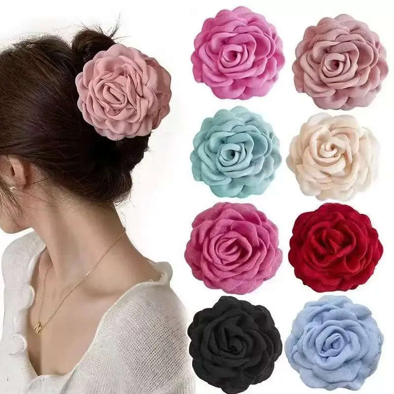 

9*9cm 21 Colors Sweat Medium Size Cotton Fabric Rose Flower Hair Claw Clips for Women Ctach Shark Clamp Hair Accessories