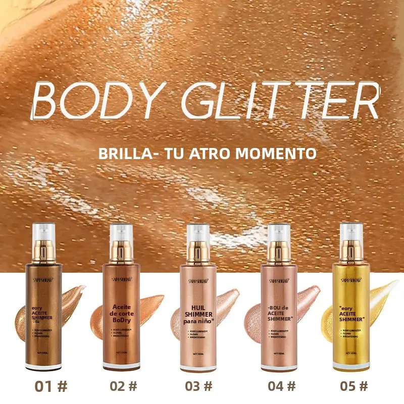 Resaltador de aceite brillante para el cuerpo, 100ml, perla, oro rosa, brillo facial, bronceador, brillo de la piel, iluminador, maquillaje líquido brillante