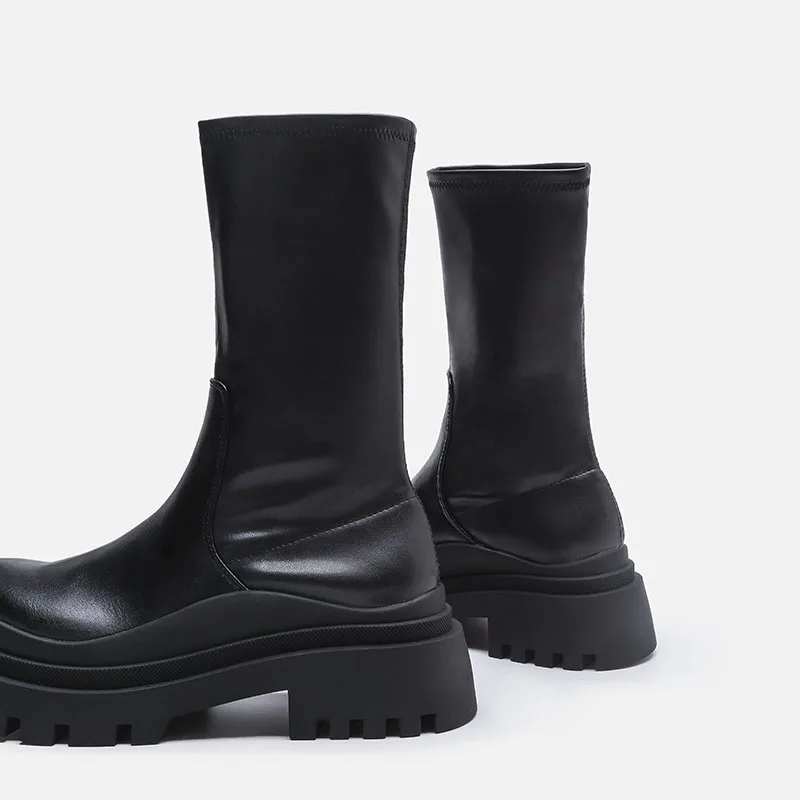 Winter Rain Boots Women's Autumn 2026 Black Thick Bottom Middle Tube Stretch Boots Slim-fit Short Boots Warm Shoes Botas Mujer view 3