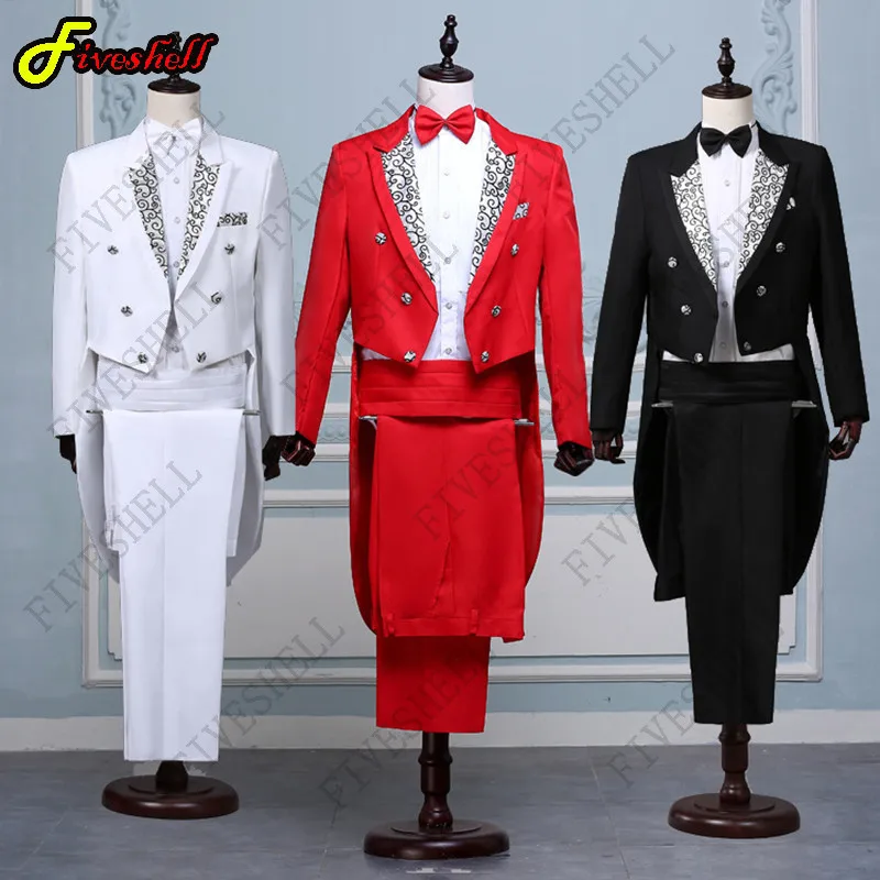 Halloween Stage Brazers Jacquard Lapel Tail Coat Cosplay Party Costume Homme Wedding Groom Prom Tuxedo Suits Jacket Pant for Men