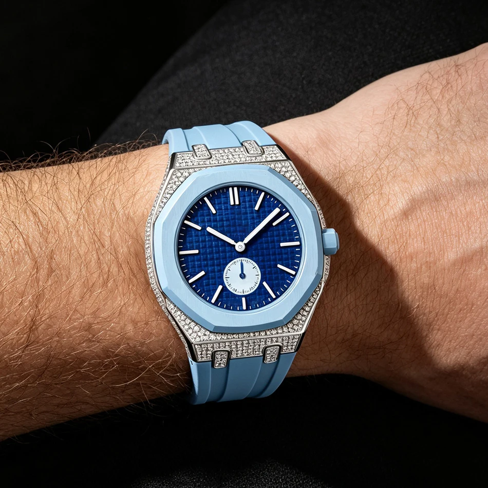 Pasek do zegarka z diamentami i moissanitem do Swatch X AP Royal Pop Pocket, obudowa ze stali nierdzewnej z zestawem silikonowych pasków, pasek zamienny. — zdjęcie produktu 2