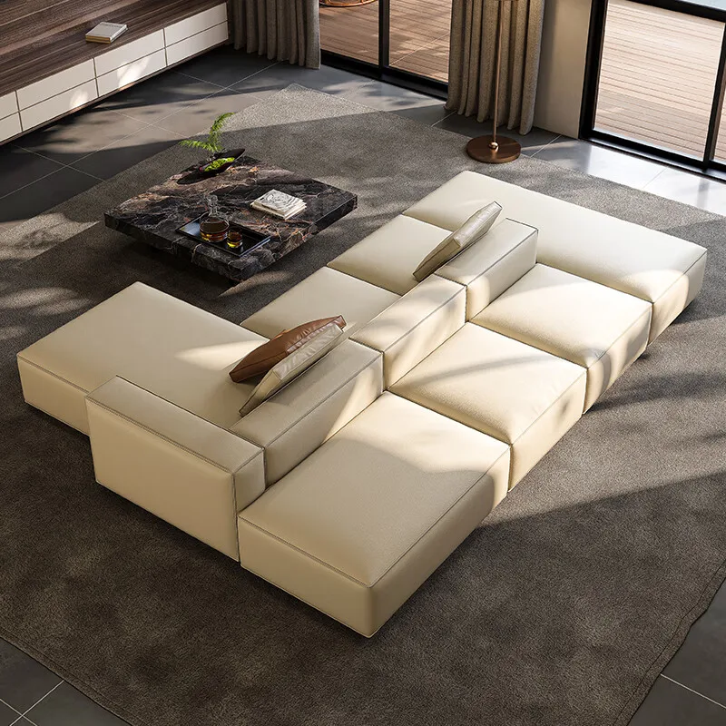 Double-sided modular segmented cowhide sofa wind layer square tofu block back-to-back two-way living room set