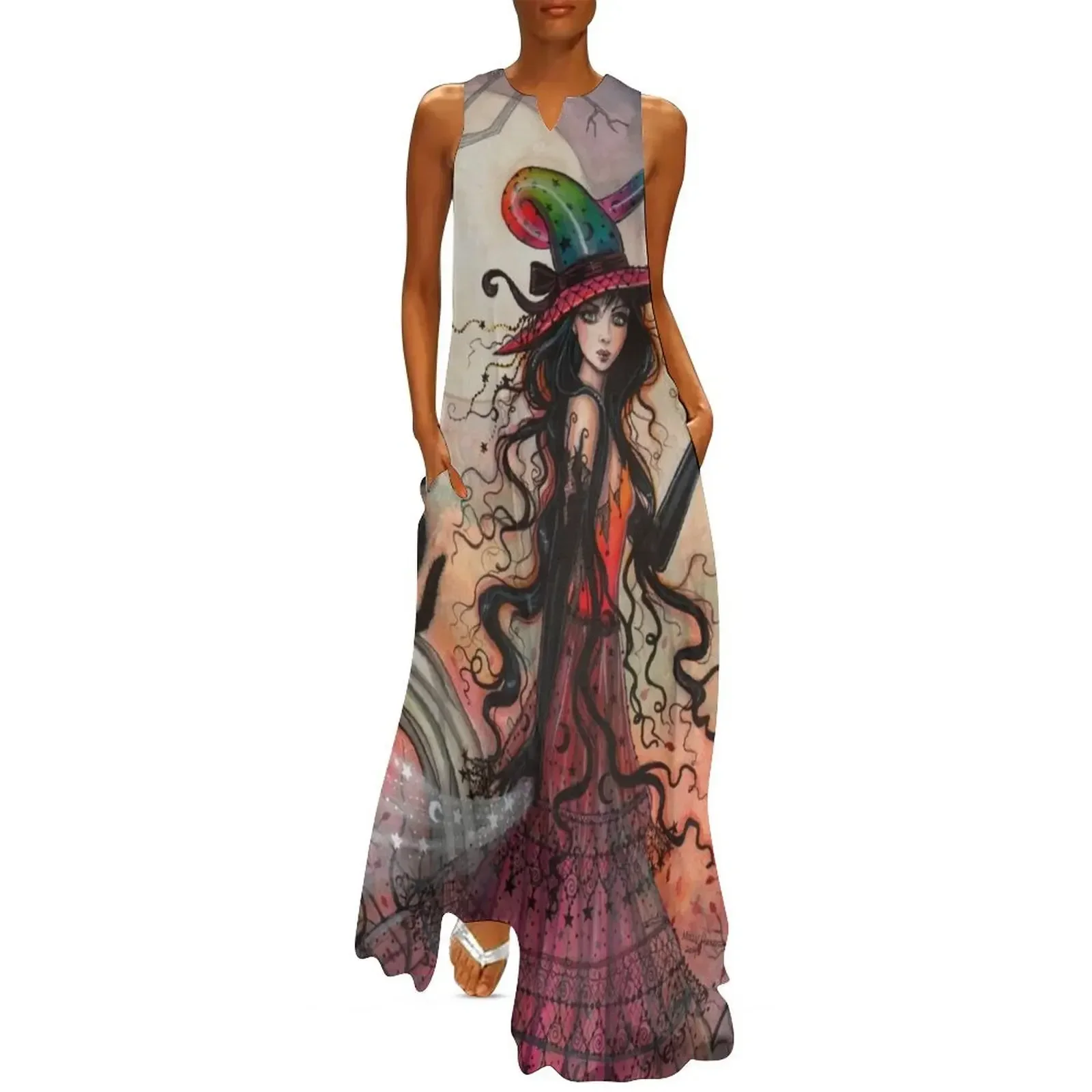 

October Flame Witch Cat Fantasy Art by Molly Harrison Long Dress luxury dresses Dress