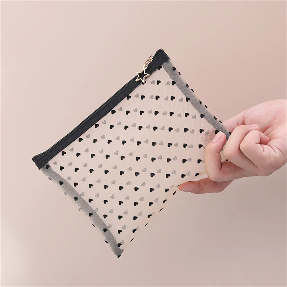 Heart Transparent Mesh Makeup Bag Multifunction Portable Women Cosmetic Storage Pouch Ladies Toiletry Lipstick Organizer Bags