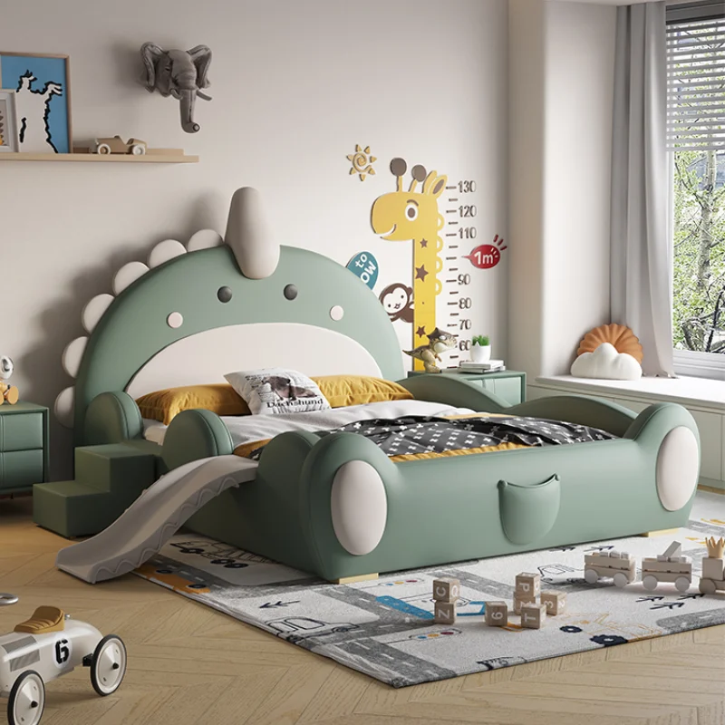 Cartoon Creative Dinosaur Children Bed Single Bed With Fence Slide Boys Modern Simple Wood Small Apartment Kinderbett Furniture