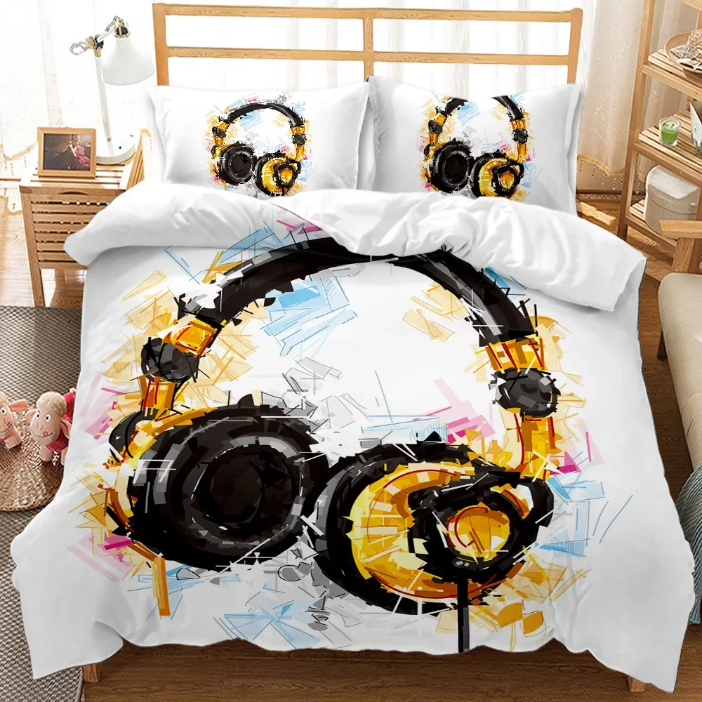 

Headphones Duvet Cover Rock Music Melody Note Bedding Set Cool White Headset Boys Double Queen King Size Polyester Qulit Cover