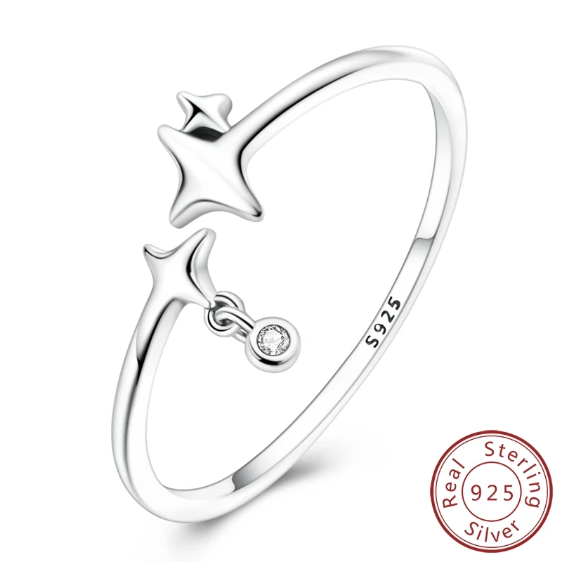 

Уникальное 3D висящее открытое кольцо из стерлингового серебра 925 пробы с двойной звездой для женщин и девочек, ювелирные изделия, подарки на день рождения, годовщину