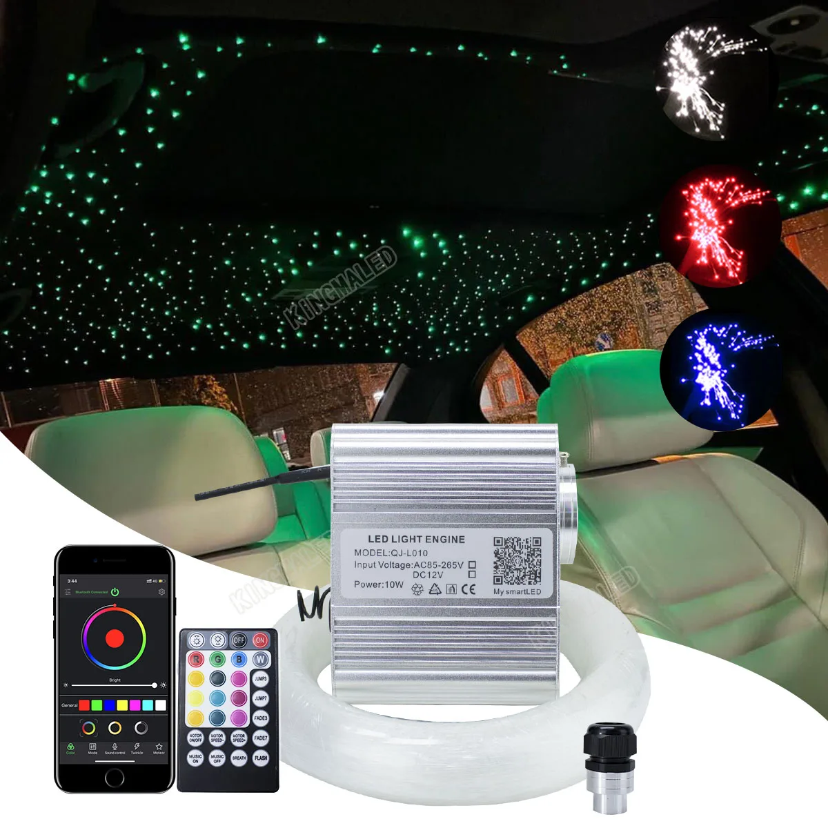 Luz de techo de estrella de fibra óptica para coche, lámpara LED centelleante de 10W, Control de sonido por aplicación inteligente, motor para coche