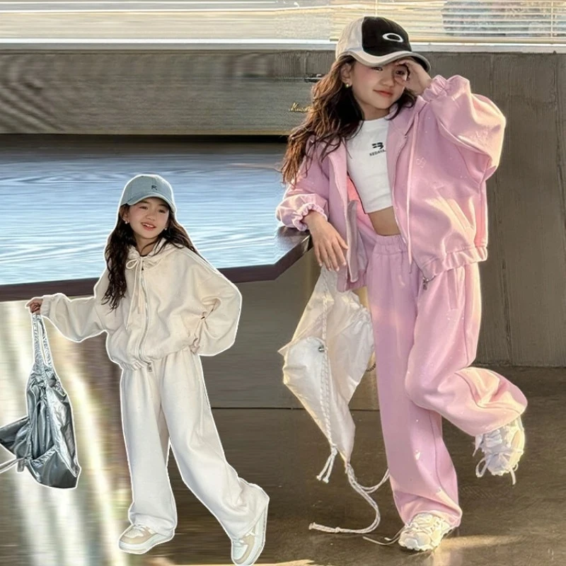 

Girls' Casual Sports Suits Cotton Knit Hoodie Sets Two-Piece Autumn Sets for Ages 7-14 Suitable for School and Jogging 2 Colors