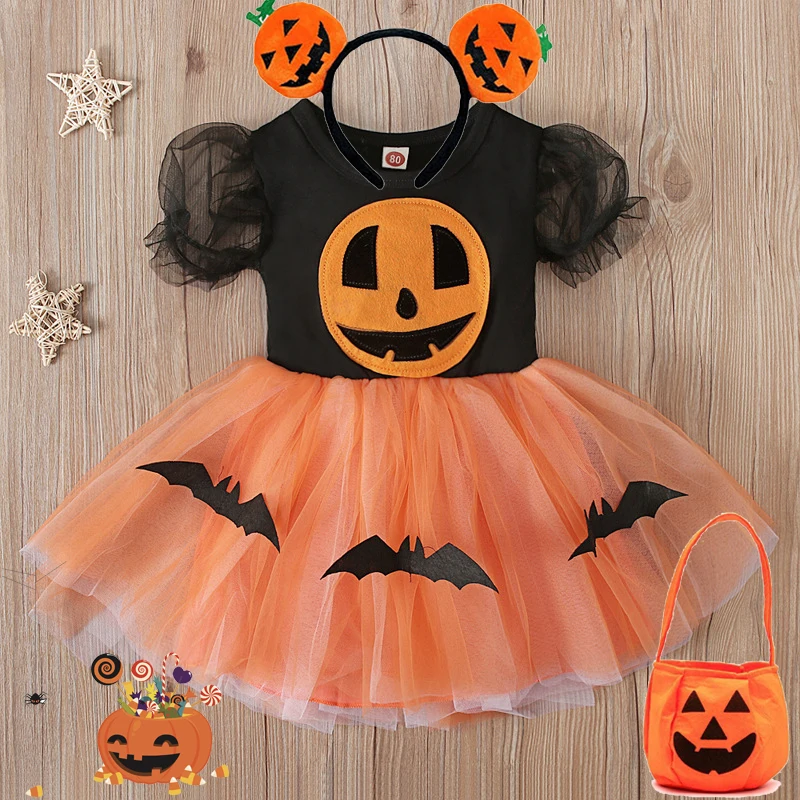 Baby Pumpkin Dress Bat Vampire Newborn Dresses For Girls Tutu Mesh Skirt Kids Halloween Costumes 1-6Y Children Princess Dresses