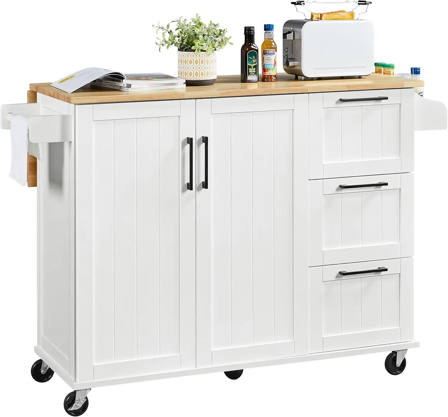 

Kitchen Island with Drop-Leaf Breakfast Bar, 53" Width Kitchen Cart on 5 Universal Wheels with Rubberwood Top, Storage