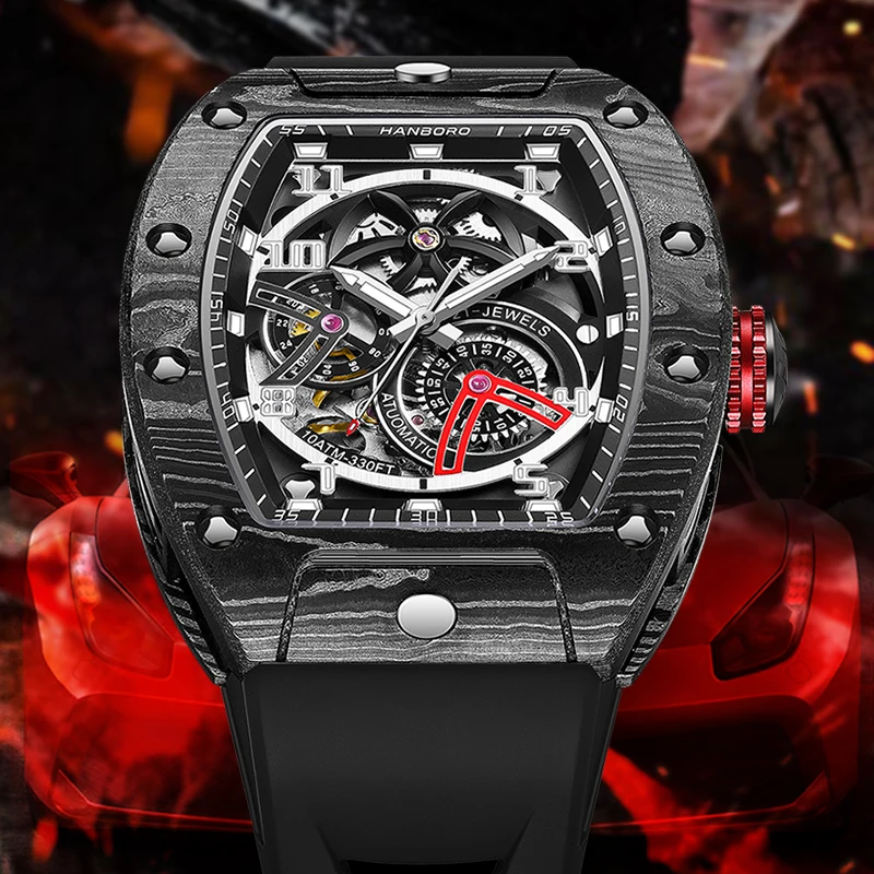 ساعة يد أوتوماتيكية للرجال من HANBORO حافظة تونيو ساعة يد ميكانيكية من ألياف الكربون 5ATM قرص هيكل عظمي مضيء 24 ساعة 21 جواهر Mov.