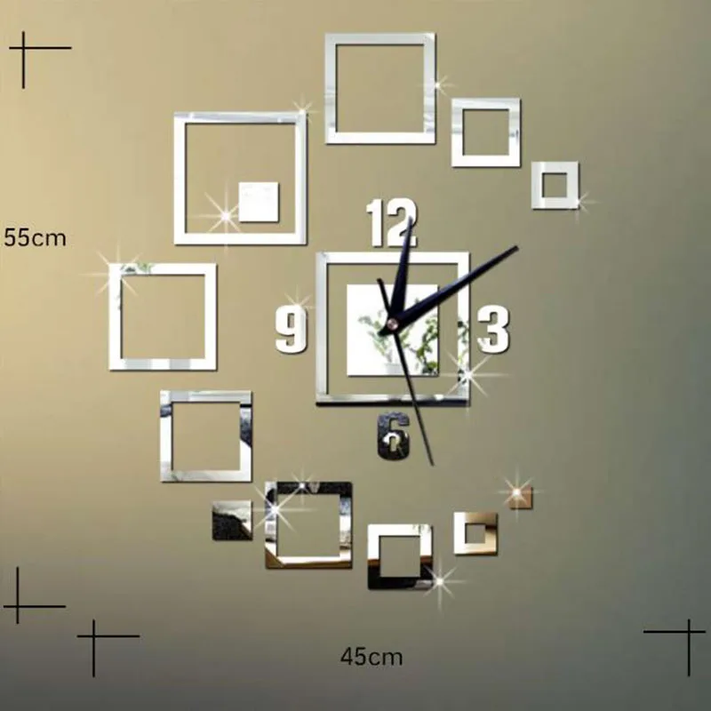 DIY Acrylic Squate Geometry Wall Clock Quartz Digital Mirror Sticker Living Room Bedroom Wall Decor Modern Style Decoration