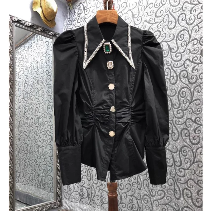 الصناعة الثقيلة مسمار مطرز طوق مدبب قميص المرأة طويلة الأكمام الربيع والخريف تصميم جديد المتخصصة