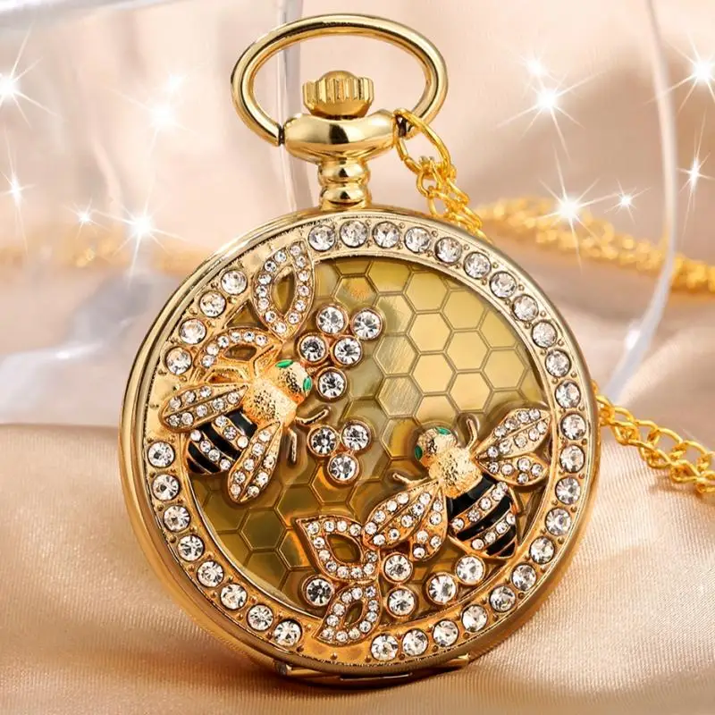 Crystal Diamond Bee Bloemen Quartz Zakhorloge Charmante Ketting Sieraden Luxe Gouden Hanger Ketting Diamanten Ingelegde Fob Klok