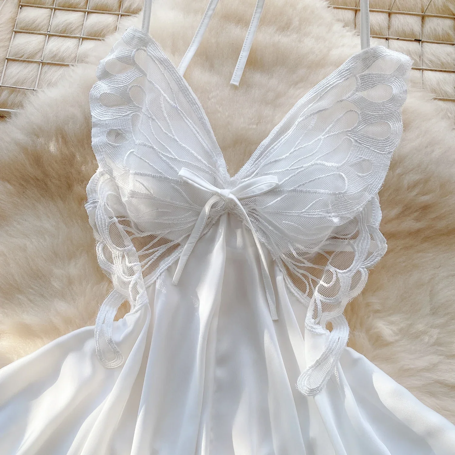 Pijamas sexys de encaje de mariposa para mujer, vestido de cuerpo con espalda descubierta y empalme Halter, vestido ajustado porno erótico Irregular