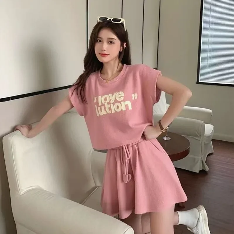 Korean Style Short Sets For Women 2 Pieces Two-piece Casual Woman Shorts Chic And Elegant Stylish Hot Promotion Trends Light