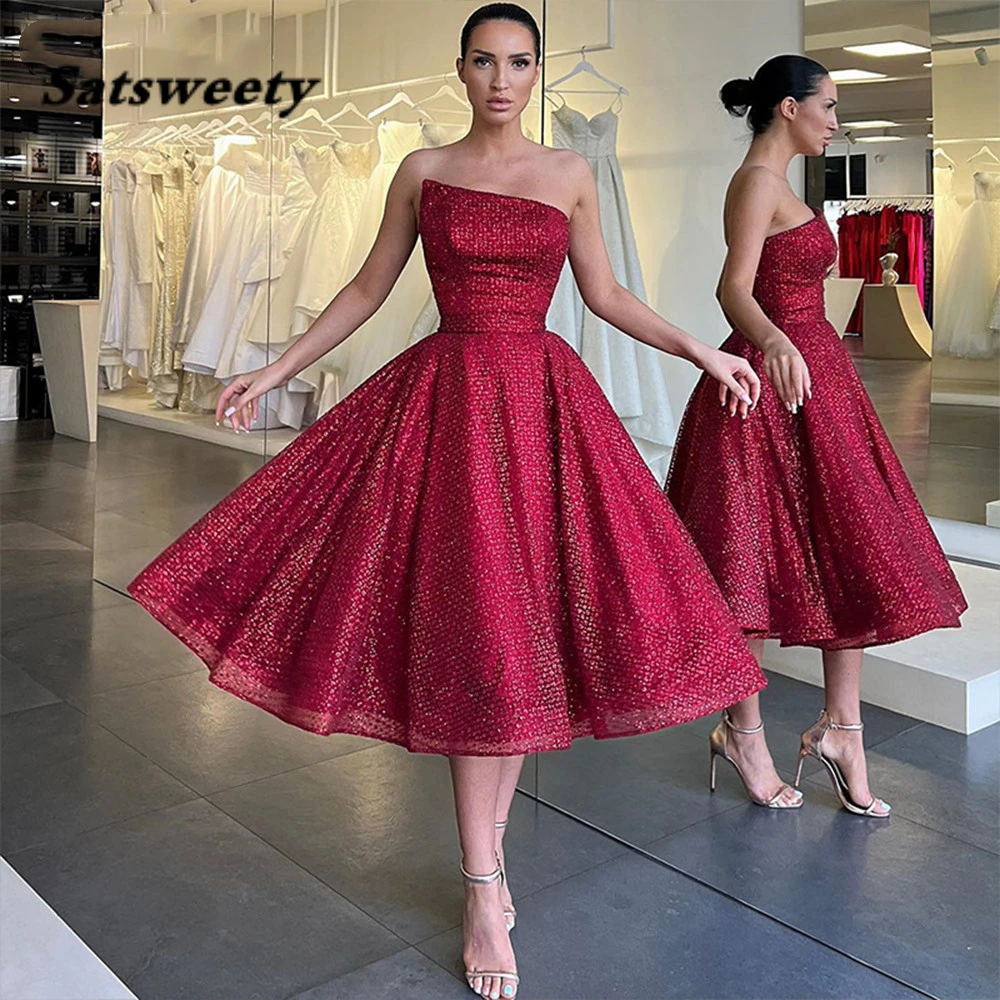 

Dark Red Shiny Tulle Prom Dress Strapless A Line Evening Party Gown Formal Graduation Tea Length Robes De Soirée