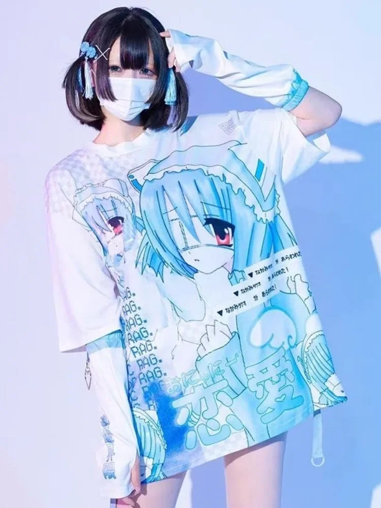 女性の漫画プリントTシャツ,ファッショナブルなTシャツ,女の子のストリートウェア,原宿,夏,カジュアル,日本,y2k