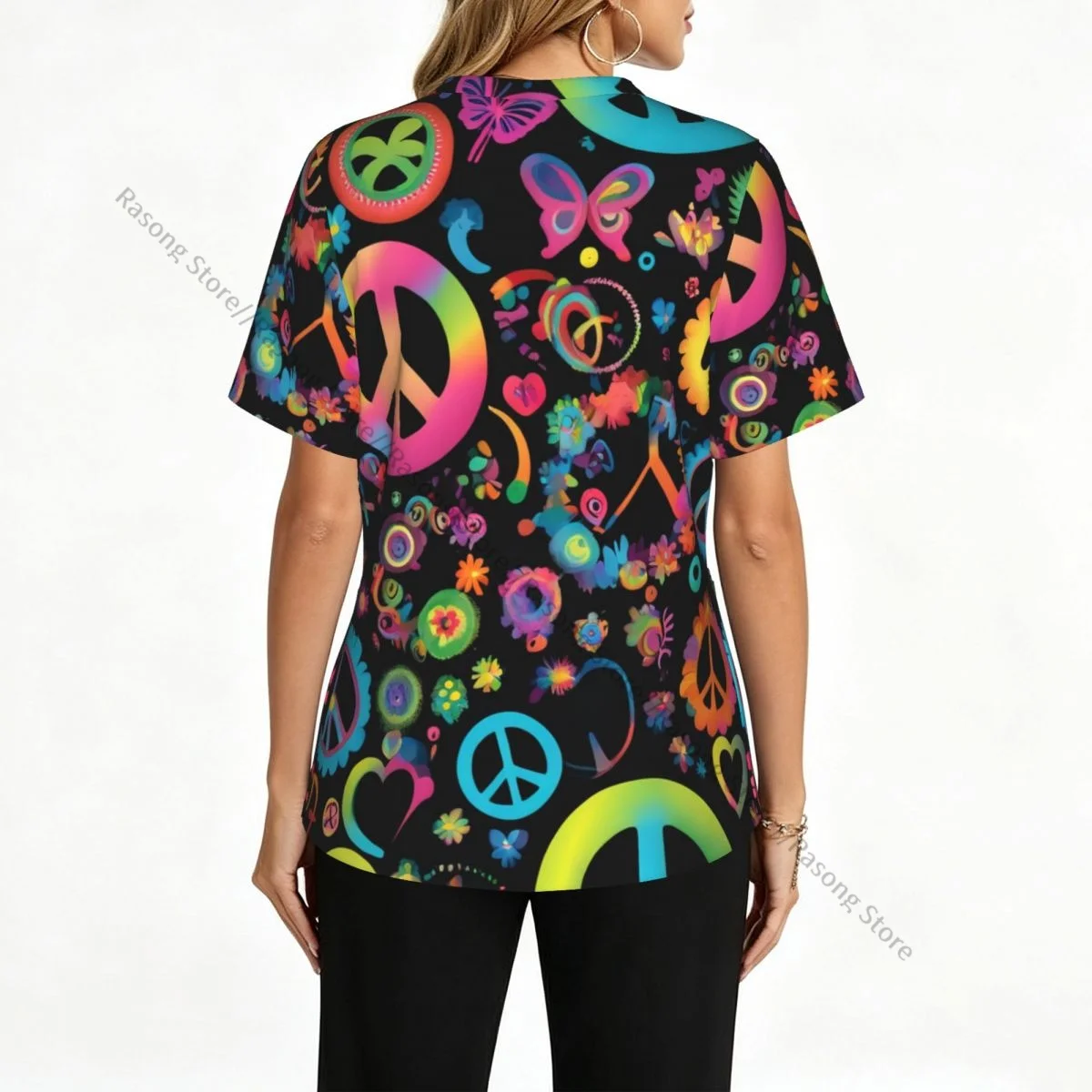 Women's Medical Scrub Top V Neck Short Sleeve Hippie Peace Symbol Mushrooms Flowers Stretch Nursing Uniform for Hospital Clinic