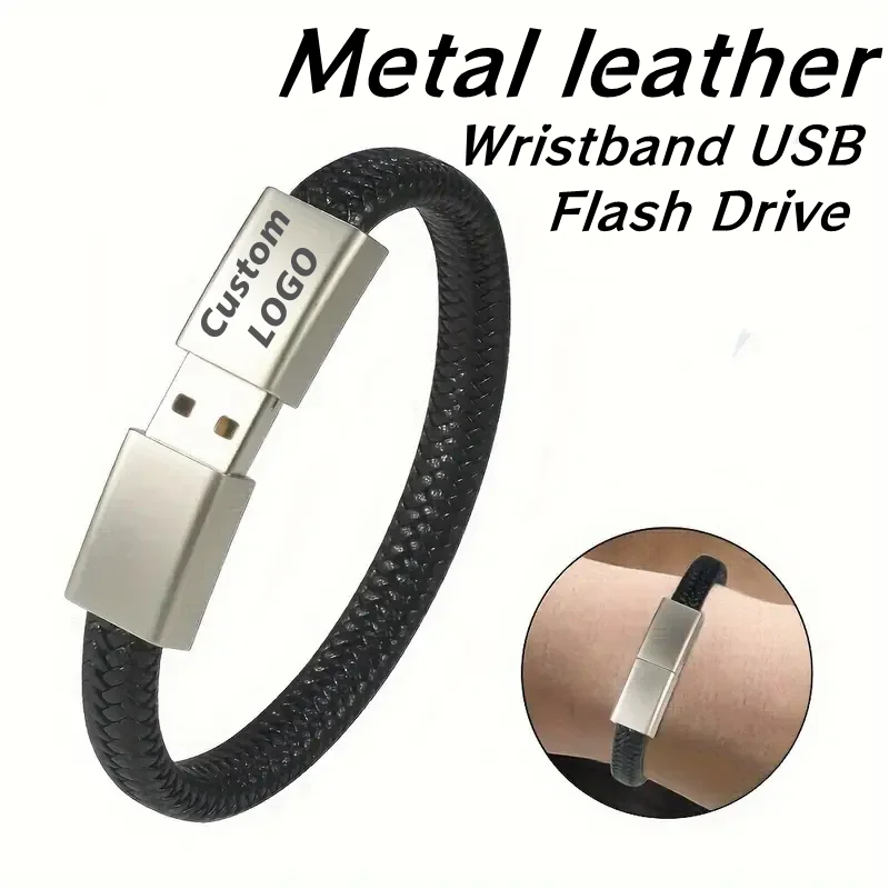 Free Custom Laser Engraving LOGO Metal Leather Wristband USB2.0 High-speed Flash Drive 4GB 8GB 16GB 32GB 64GB 128GB