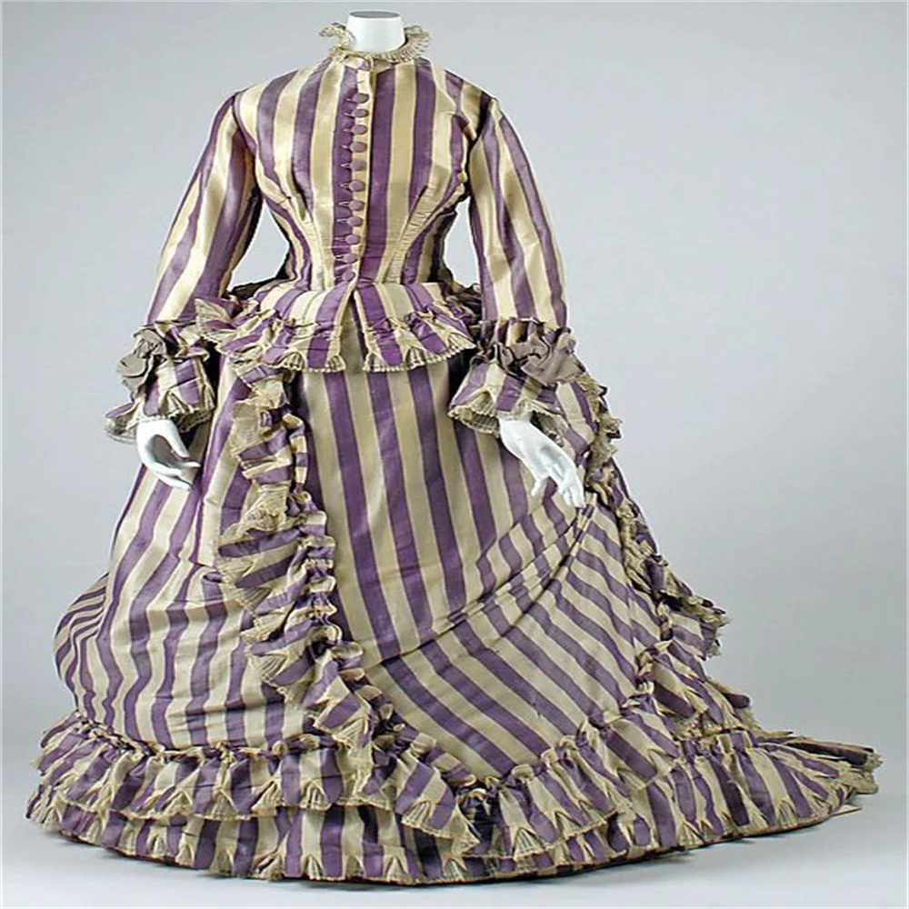 

1867s Civil War Purple Stripes Victorian Edwardian Walking Duchess Dress Historical French Court Ball Gown