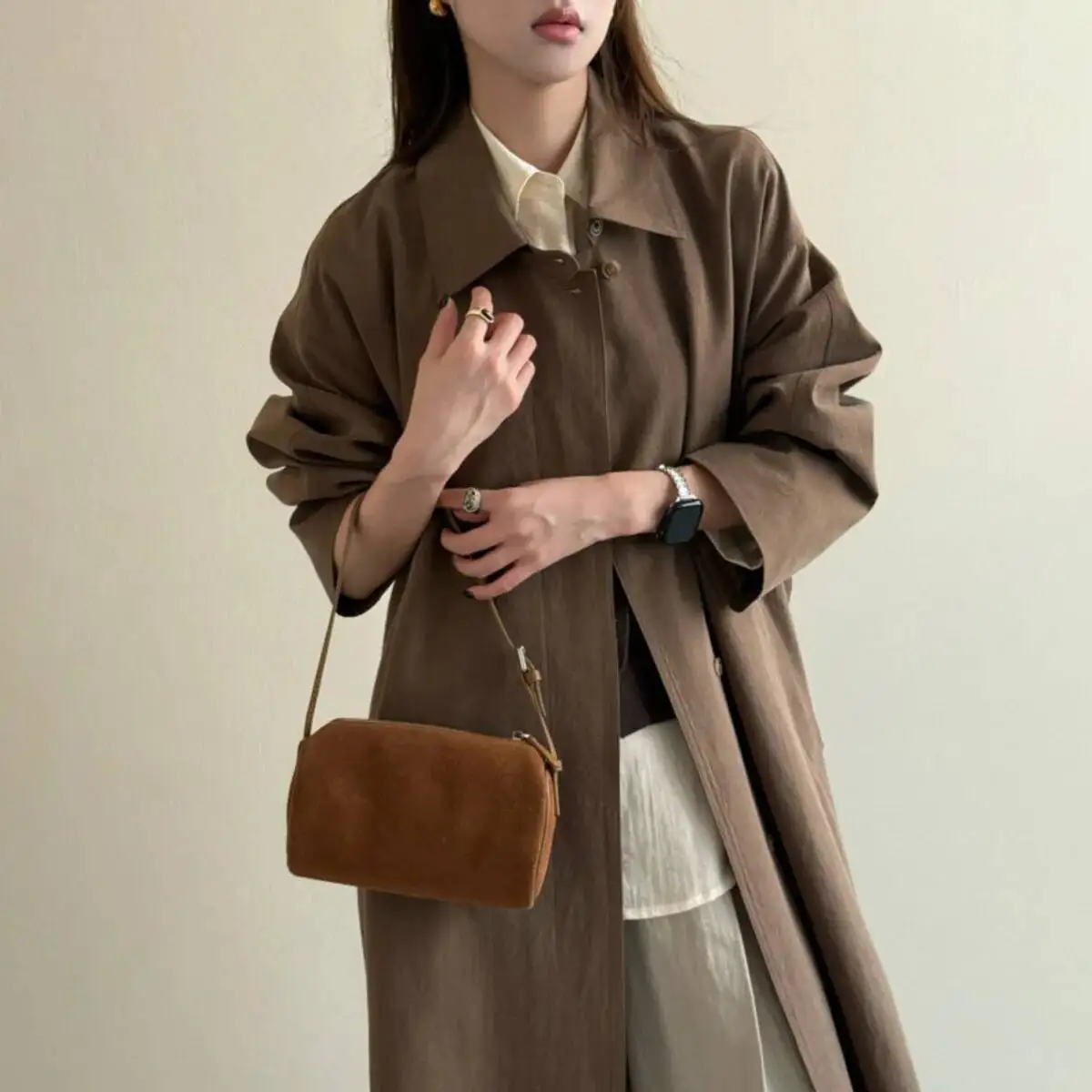 KWTX 2025 معطف نسائي طويل جديد مع طية صدر السترة جيوب بحزام واحدة الصدر ريترو شيك الحد الأدنى ملابس خارجية فاخرة للربيع/الخريف