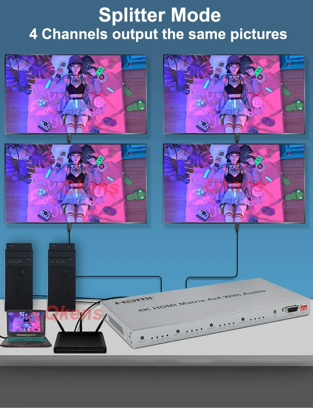 

4K 4x4 HDMI Matrix Switch HDMI Switcher Splitter 4 in 4 Out Video Converter with Audio Extractor EDID RS232 for PS4 PC To TV