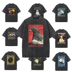 Washed Vintage Anguish Funny Pigeon Graphic Print T Shirts Men Women Casual Oversized Short Sleeve Tshirt Male Cotton T Shirt