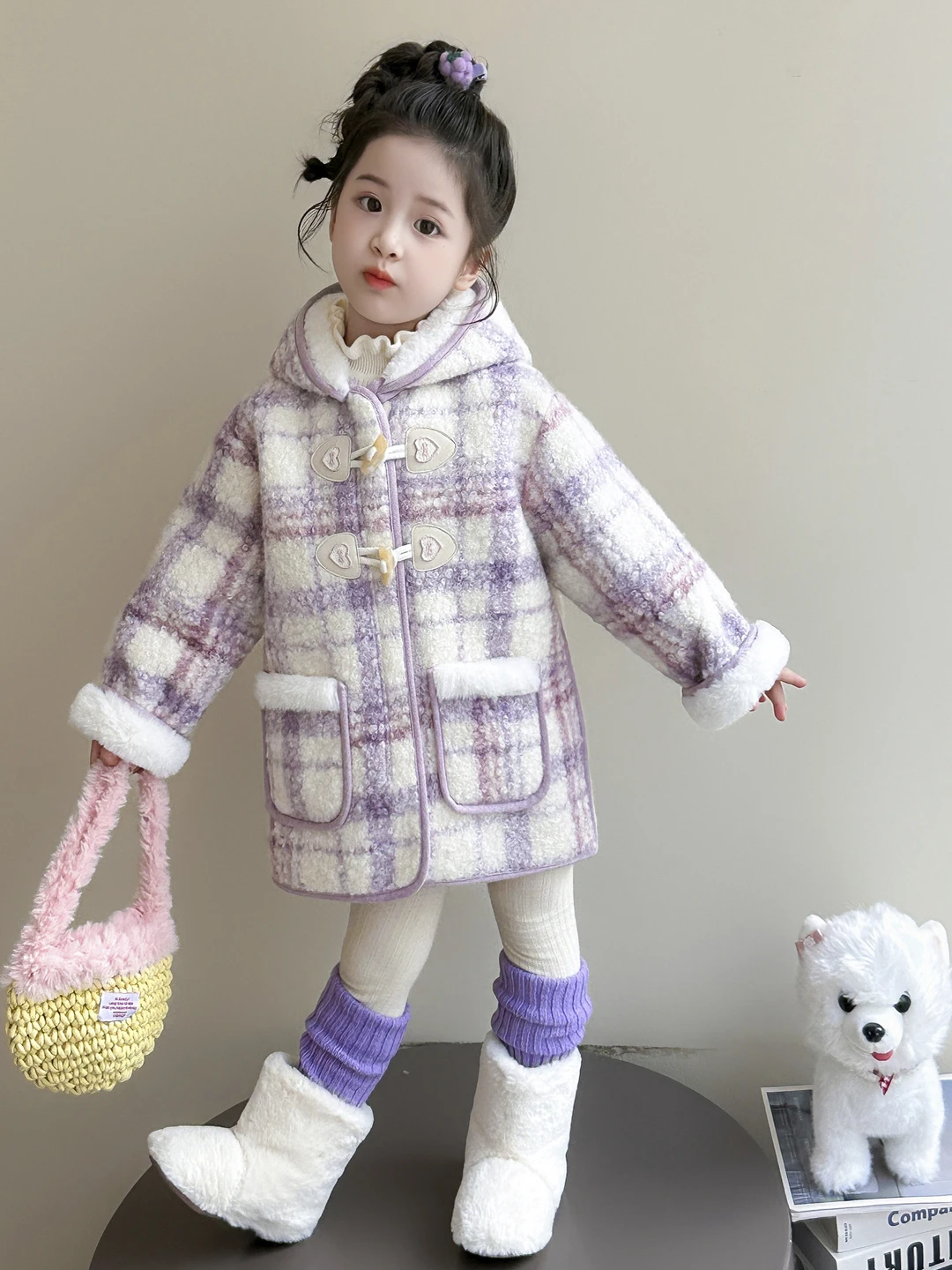 

Осенне-зимнее пальто с мехом ягненка для девочек, корейское клетчатое пальто с капюшоном на подкладке, модная детская верхняя одежда, подставка L...