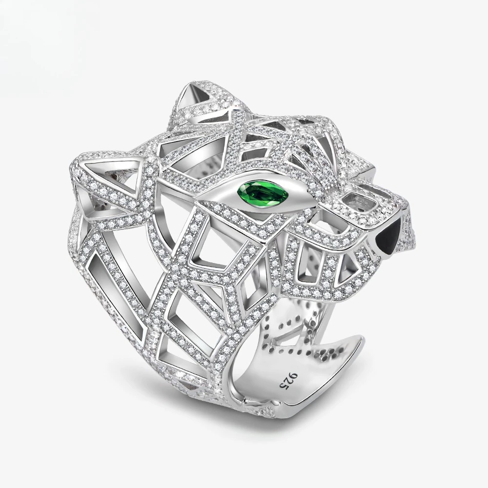 New S925 Silver Leopard Head Ring with Exaggerated Personality, Micro Inlaid with European and American Jewelry